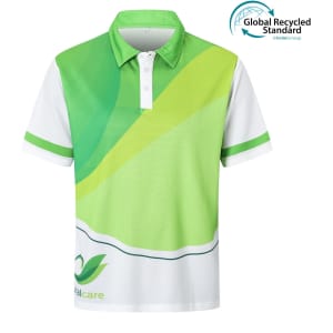 A green and white unisex polo shirt with a logo and a smooth, modern design. Made from recycled materials.