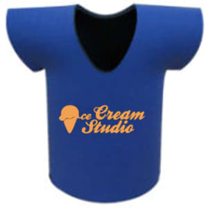 A blue jersey-style stubby cooler with a V-neck design. It has a logo on the front.