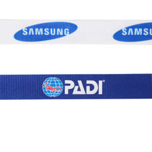 A blue RPET ribbed lanyard featuring a logo, alongside a white lanyard with a different logo.