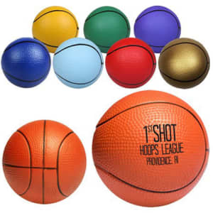 A collection of 63mm basketball-shaped stress relievers in orange, blue, purple, green, red, and gold, with a logo.