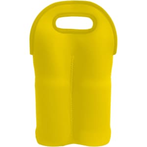 A yellow neoprene double beer bottle carrier featuring a handle and a sleek design. It includes a logo.