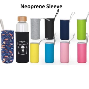 A drink bottle with a bamboo lid next to various neoprene sleeves in vibrant colours. The bottle has a logo.