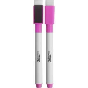 Two pink and white magnetic whiteboard markers with a chisel tip and eraser ends. The markers feature a logo.