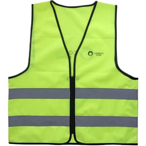 A hi-vis vest in bright yellow featuring horizontal reflective tape and a logo. It has a classic unisex design.