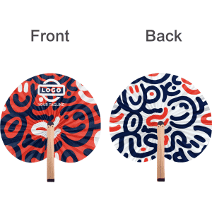 A peach-shaped wooden paper fan featuring a colourful design in navy, red, and white, with a logo on the front.