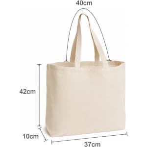 A calico tote bag in cream, featuring short handles and a gusset, with dimensions of 40cm x 42cm x 10cm.