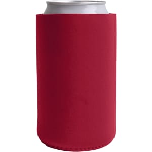 A drink bottle holder in red, designed to fit a standard can, featuring a simple, smooth texture and a branding logo.