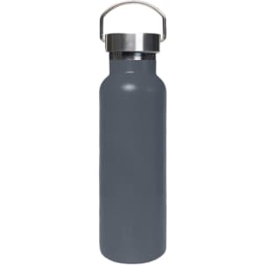 A drink bottle in a sleek dark grey finish, featuring a stainless steel lid and handle for easy carrying.