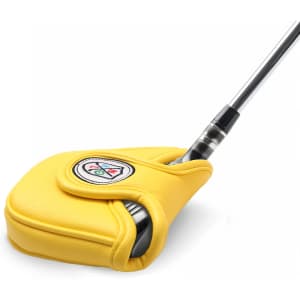 A yellow mallet putter cover featuring a logo, fitted over a putter club head.