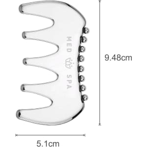A silver 2 in 1 scraping board with a curved design, measuring 9.48 cm by 5.1 cm, featuring branding.