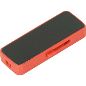 A sliding flash drive with a red casing and a black sleek surface, featuring a branding logo on one side.