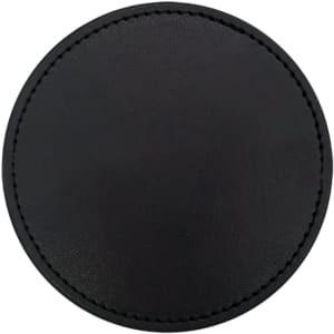 A round black PU coaster with a stitched edge and a smooth surface. It features a logo.