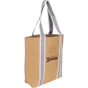 A small brown washable kraft paper bag with grey cotton handles and a logo.