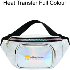 A holographic fanny pack in white with a zippered compartment and a black adjustable strap. Features a logo on the front.