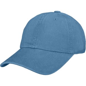 A blue premium washed cotton baseball cap with a curved brim and an adjustable strap on the back.