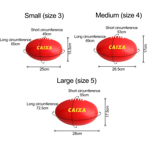 Promotional Aussie Rules balls in red, available in small, medium, and large sizes with various measurements listed.