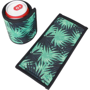 A drink bottle holder with a tropical leaf design, featuring shades of green on a black background, and a logo.