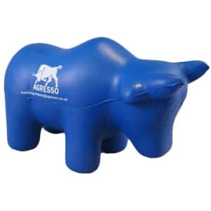 A blue bull-shaped stress reliever with a logo on one side. Suitable for stress relief and fun.