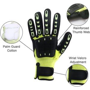 Heavy-duty safety work gloves in black and bright yellow, featuring wrist Velcro adjustment, palm guard, and reinforced thumb web.
