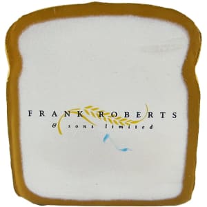A toast-shaped stress reliever in white and brown, featuring a logo on its surface.