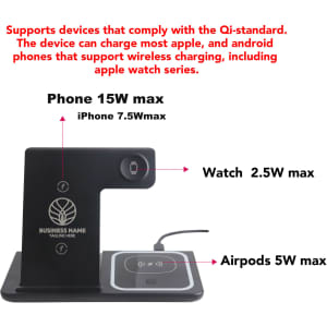 A 3-in-1 portable wireless charger with sections for a phone, watch, and earbuds, featuring a black design.