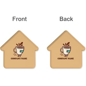 A two-sided, house-shaped coaster in beige featuring a cup and logo on both sides.