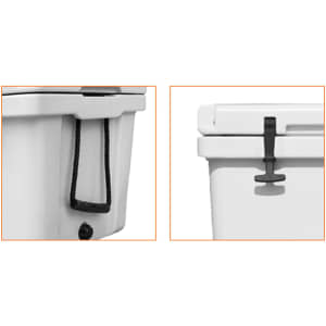 A white cooler box featuring a black handle and a black clip. The image highlights different angles of the product.