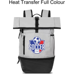A grey and black roll-top backpack featuring a logo with a soccer ball. It has adjustable straps and a sleek design.