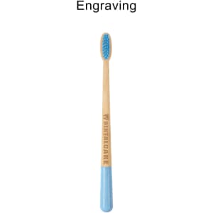 A wooden toothbrush with a large conical handle, featuring a blue end and a textured bristle head. It has a logo.