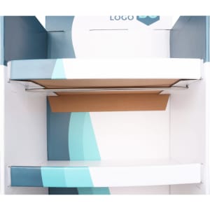 A white and teal cardboard floor display featuring two shelves and a logo. The display is designed for self-assembly.
