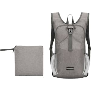 A large packable camping backpack in grey, alongside a small, matching storage pouch. The backpack features ergonomic straps and pockets.