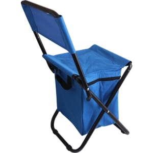A blue foldable camping chair with a cooler bag underneath, featuring a black metal frame. It has a simple design and is portable.