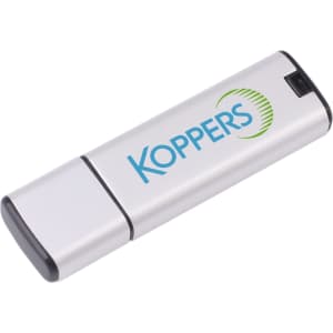 A silver flash drive with a black end and a logo on the side.