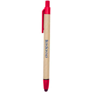 A stylus pen in red and natural paper design, featuring a clip and a logo.