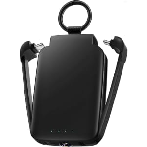 A black mini power bank with a flashlight and retractable charging cables, featuring a loop for easy carrying.