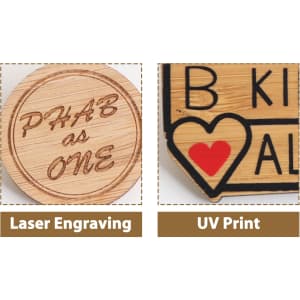 A bamboo pin featuring laser engraving and UV print designs in natural wood tones.