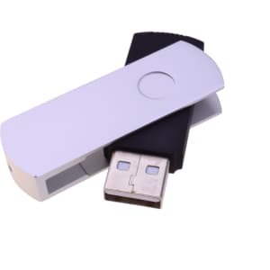 A white and black USB flash drive with a swivel design, featuring a logo on its surface.