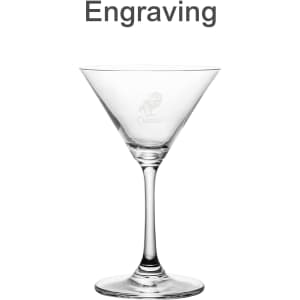 A classic martini glass, clear with a tapered bowl and a stable base, featuring a logo engraving.