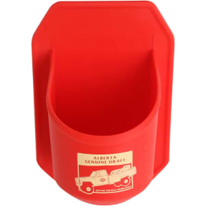 A red shower stubby holder with a rounded shape and a logo. Ideal for holding drink bottles securely.