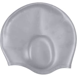 A grey swimming cap with integrated earmuffs, featuring a textured surface and a logo.