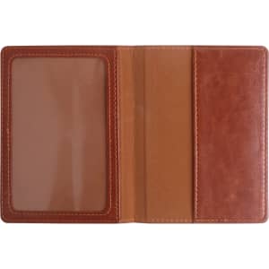 A brown RFID PU leather passport holder with a transparent ID slot and a simple interior design.