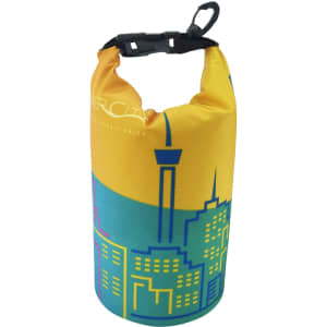 A 2L full colour dry bag in yellow and teal featuring a city skyline and a black strap with a clip.
