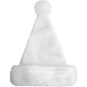 A white plush Santa hat with a fluffy brim and a pom-pom on top. It has a simple design and is soft to the touch.