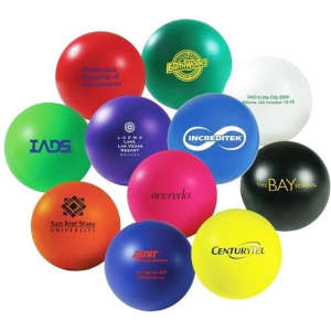 A collection of multi-coloured 50mm stress balls in various shades, featuring different logos and branding.