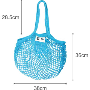A blue mesh grocery bag with two handles, featuring a logo, dimensions 28.5 cm by 38 cm.