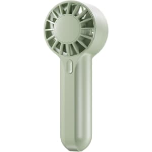 A mini travel handheld fan in a soft green colour with a circular fan head and ergonomic handle, featuring a logo.