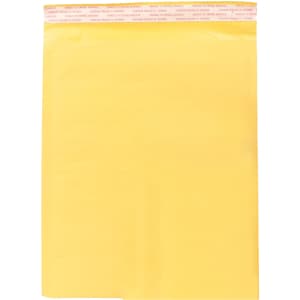 A medium yellow padded bubble envelope with a sealing strip at the top. It features a logo.