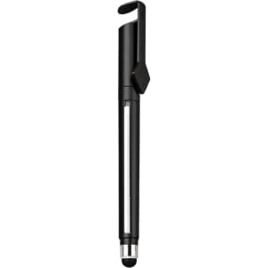 A black 4 in 1 QR Code banner pen featuring a clip and a stylus tip. It has a sleek, modern design.