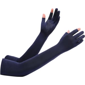 Long sleeve sun protective gloves in navy with two open fingers for enhanced grip and dexterity.