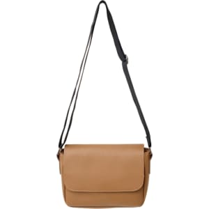 A tan polyurethane shoulder bag with a black adjustable strap and a flap closure. There is a logo on the front.